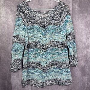 J Jill Sweater Women's Medium Blue Green Knit Off Shoulder Boat Neck 3/4 Sleeve